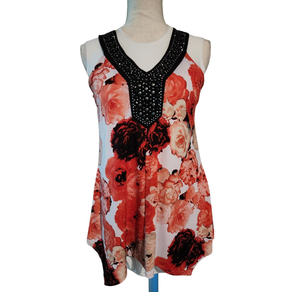 Susan Lawrence Embellished V-neck Tunic Tank Top Blouse Women's S Black Red